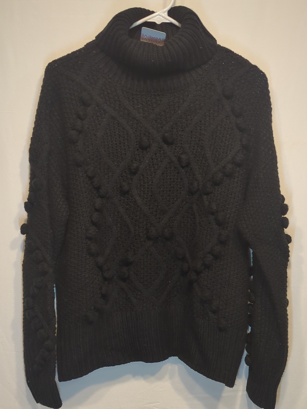 Evereve Black Cable Knit Pom-Pom Turtleneck Sweater